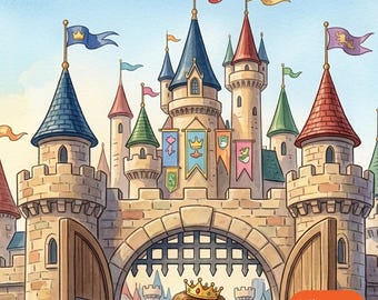 Op de afbeelding: Een aquarelillustratie van een stenen kasteel met meerdere torens, kleurrijke vlaggen en banieren. De naam Emma staat in het oranje bovenaan gedrukt. Een persoon met een gouden kroon is zichtbaar in de boog. Tekst luidt 12 Characters to Choose.
