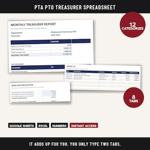 May include: A PTA PTO treasurer spreadsheet template featuring a monthly report, bank reconciliation, and money-in log. The digital document includes 12 categories, 8 tabs, and is compatible with Google Sheets, Excel, and Numbers for instant access.