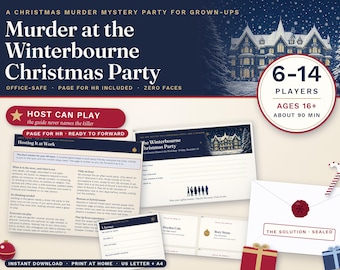 Op de afbeelding: Een kerstmoordmysterie-spelset getiteld Murder at the Winterbourne Christmas Party. Bevat geprinte spelmaterialen, personagekaarten en een verzegelde oplossingsenvelop. Ontworpen voor 6-14 spelers, vanaf 16 jaar, met een duur van 90 minuten.