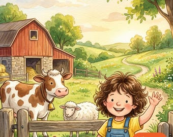 Op de afbeelding: Een aquarelillustratie van een boerderijtafereel met een zwaaiend kind, een bruin-witte koe met een bel, een wit schaap en twee kippen. De tekst "Emma" staat bovenaan en een oranje badge vermeldt "12 Characters to Choose".