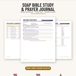 Peut inclure: Un ensemble de téléchargement numérique pour journal de prière et étude biblique SOAP comprenant trois pages blanches avec du texte noir. La page centrale affiche une feuille d'étude biblique SOAP avec des sections pour l'écriture, l'observation, l'application et la prière. Inclut 35 pages imprimables, 30 jours d'étude et 4 fichiers PDF au format lettre US de 21,59 par 27,94 cm.