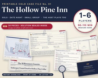 Op de afbeelding: Een printbaar cold case dossier spel getiteld The Hollow Pine Inn, bestaande uit 20 onderdelen waaronder een politierapport, een krantenknipsel uit de Willowmere Gazette, een plattegrond, een transcriptie en een verzegelde oplossingsenvelop voor 1-6 spelers.