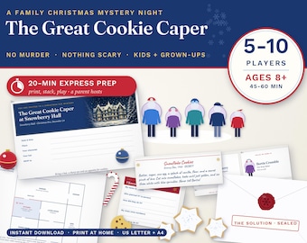 Op de afbeelding: Een printbare mysteriespelset getiteld The Great Cookie Caper, met spelkaarten, karakterprofielen, een plattegrond en een envelop met een rood waszegel. De tekst vermeldt 5-10 spelers, vanaf 8 jaar en 20 minuten voorbereidingstijd.