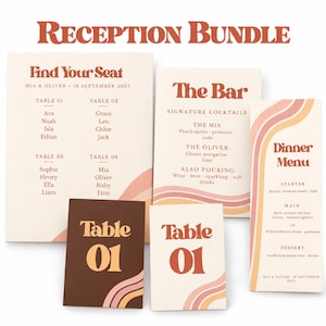 Puede incluir: Un conjunto de recepción que incluye un plano de asientos, menú de bar, menú de cena y dos tarjetas de número de mesa. La papelería muestra líneas onduladas en crema, melocotón y marrón con tipografía retro en texto naranja oscuro y marrón.
