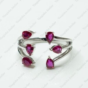 Solid Gold Ruby Open Ring, Pear Ruby Cuff Ring, Adjustable Ruby Ring, Minimalist Ruby Ring, July Birthstone, 14K White Gold Ring, Gift Her