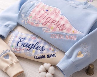 Embroidered School Spirit Gingham Sweatshirt, Custom Mascot Game Day Shirt, Gingham Applique Shirt, Back To School Tee, Varsity Letter Shirt