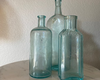 Set of 3 - Blue Antique Bottles - Seafoam Green Glass Vintage Bottle Set