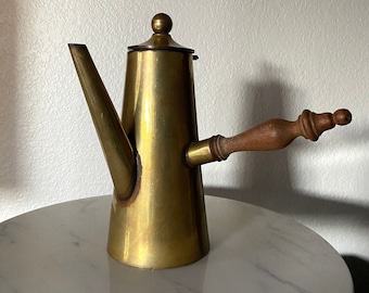 Antique Brass Turkish Coffee Pot, Vintage Brass Pot with Wood Handle, Vintage Brass Tea Kettle