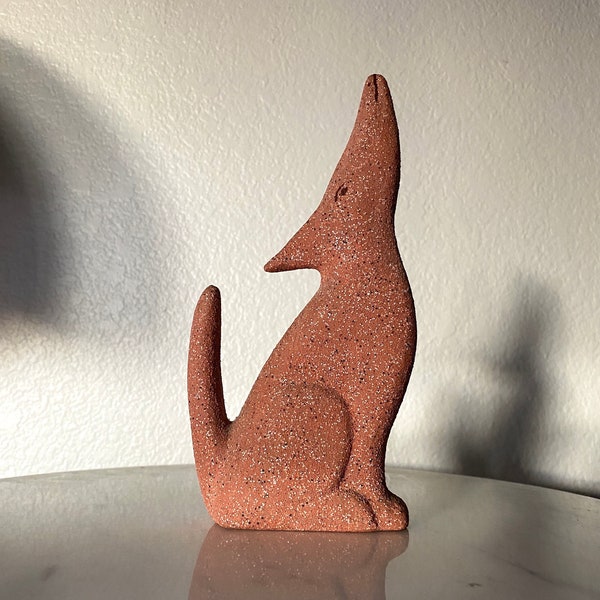 Southwest Textured Ceramic Coyote Statue, Speckled Paint Coyote Statuette