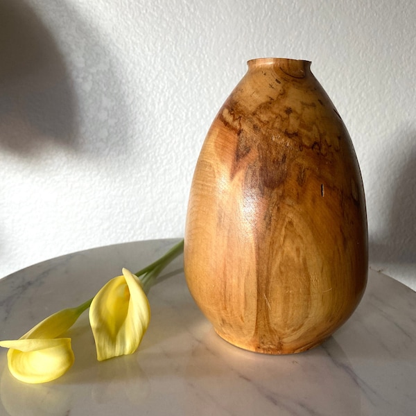 Vintage Hand Turned Weed Pot Wood Vase, Mid Century Wood Vase, MCM Hand Carved Wood Vase