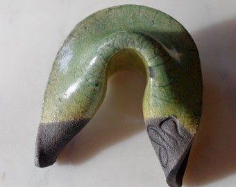 Mid Century Studio Pottery Green and Black Ceramic Fortune Cookie