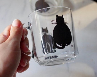 Set of 4 - Clear Glass Mugs with Black Cats, Cat Glassware, Cat Glass Cups, Cat Lover Gift, Kitten Glasses