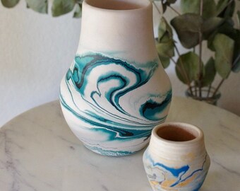 Pair of Nemadji Pottery Marbled Vases, Nemadji Swirl Paint Pottery Vessels