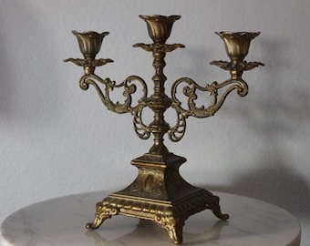 Antique Victorian Style Candle Holder, Brass Ornate Three Arms Candlestick, Baroque Candelabra, Church Three-Armed Candle Holder