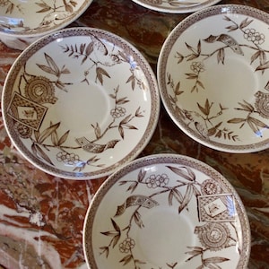 Antique Wedgwood & Co Louise Saucers, Set of 5, Brown Transferware Dishes