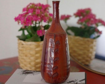 Vintage Wood Looking Ceramic Vase with Hand Painted Vines