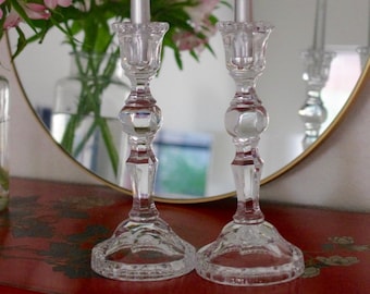Details about   Pair of  Clear Glass Hexagon Shaped Candlesticks 1.5" Tall 