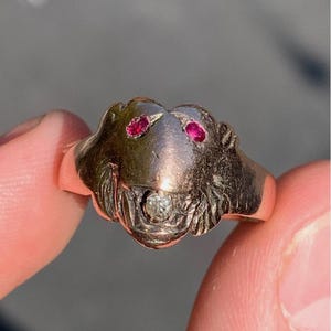 May include: A gold-toned ring featuring a lion's head design. The lion has ruby eyes and a small diamond in its mouth. The ring is held up by a finger.