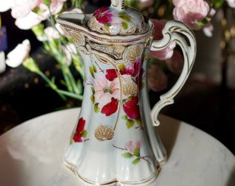 Floral Painted Ewer, Pitcher or Tankard With Lid | Painted Flower Porcelain Ewer