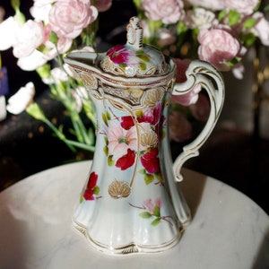 Floral Painted Ewer, Pitcher or Tankard With Lid Painted Flower Porcelain Ewer image 1