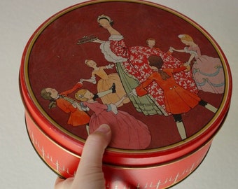 Vintage Uneeda Nabisco Aristocrats Colonial Dancers Cookie Biscuit Tin, Round Red Christmas Tin
