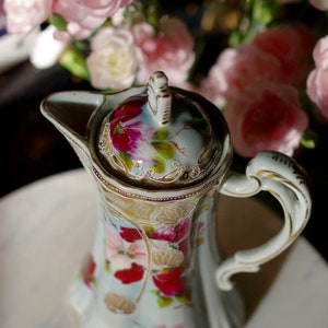 Floral Painted Ewer, Pitcher or Tankard With Lid Painted Flower Porcelain Ewer image 4