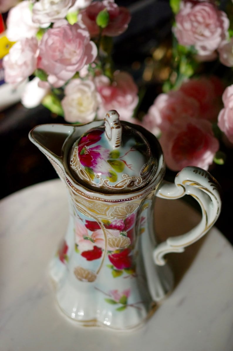 Floral Painted Ewer, Pitcher or Tankard With Lid Painted Flower Porcelain Ewer image 4