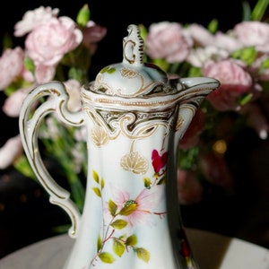 Floral Painted Ewer, Pitcher or Tankard With Lid Painted Flower Porcelain Ewer image 3