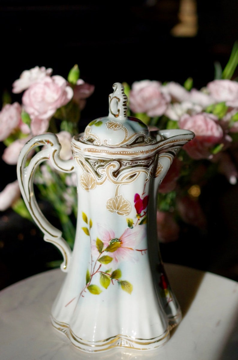 Floral Painted Ewer, Pitcher or Tankard With Lid Painted Flower Porcelain Ewer image 3