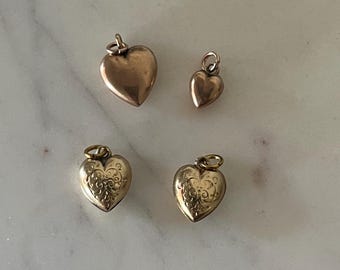 Vintage Mini 9k Gold Heart Charms, 9k Hollow Puffy Small Antique Heart Pendants, Victorian Edwardian Gold Charms