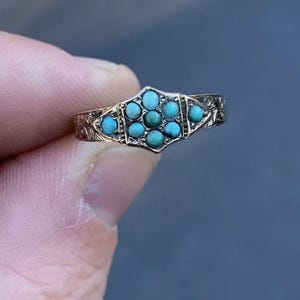 Antique Victorian 9k Rose Gold Turquoise Ring, Forget Me Not Flower Ring