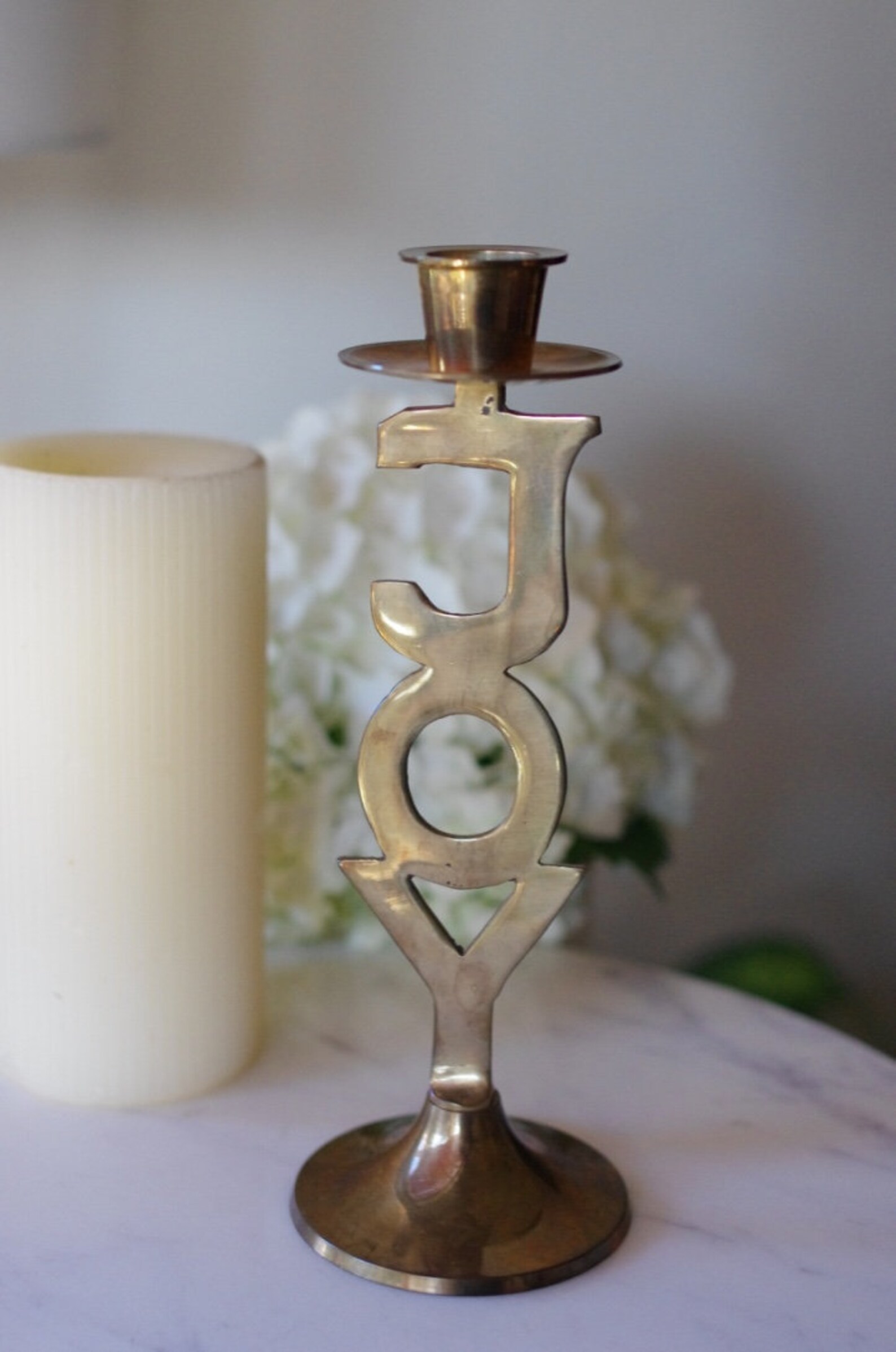 Vintage Brass Joy Candlestick Holder Joy Candle Holder by Etsy
