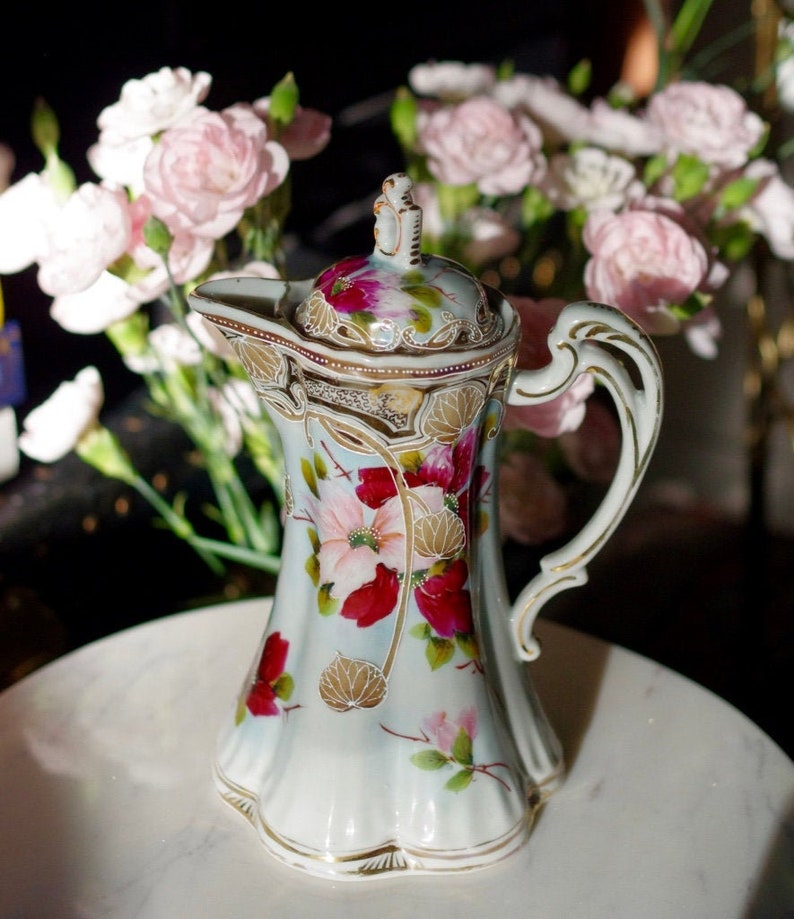 Floral Painted Ewer, Pitcher or Tankard With Lid Painted Flower Porcelain Ewer image 1