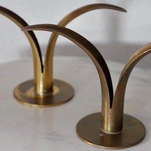 Pair of Vintage Mid-Century Brass Swedish Ystad Metall Lily Candle Holders, Metall Ivar Åhlenius Björk, Liljan Candlestick Holder Sweden