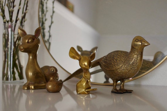 Vintage Brass Animal Figurines Brass Laying Doe, Brass Mouse