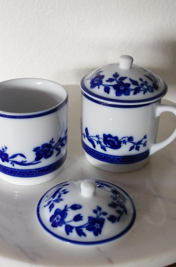 Blue and White Floral Tea Cups With Lids Pair of Blue Floral Etsy