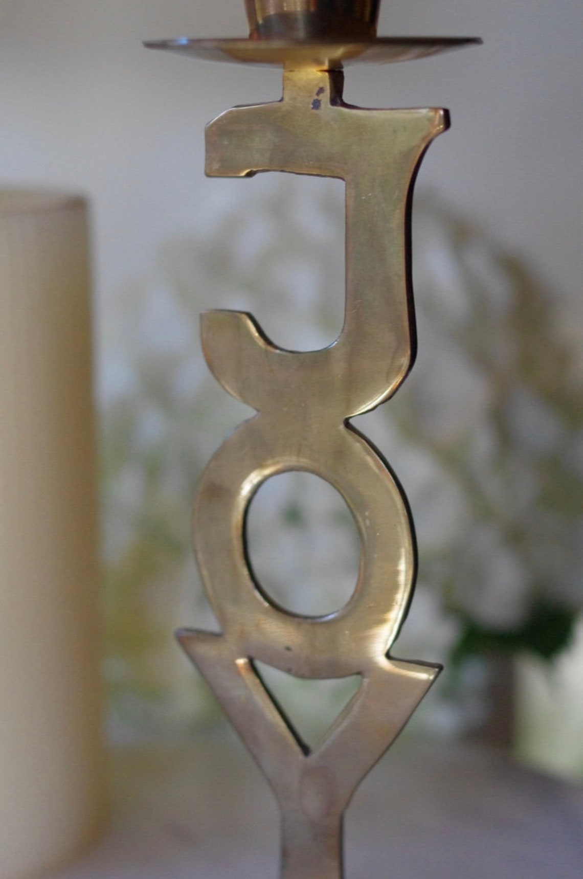 Vintage Brass Joy Candlestick Holder Joy Candle Holder by Etsy