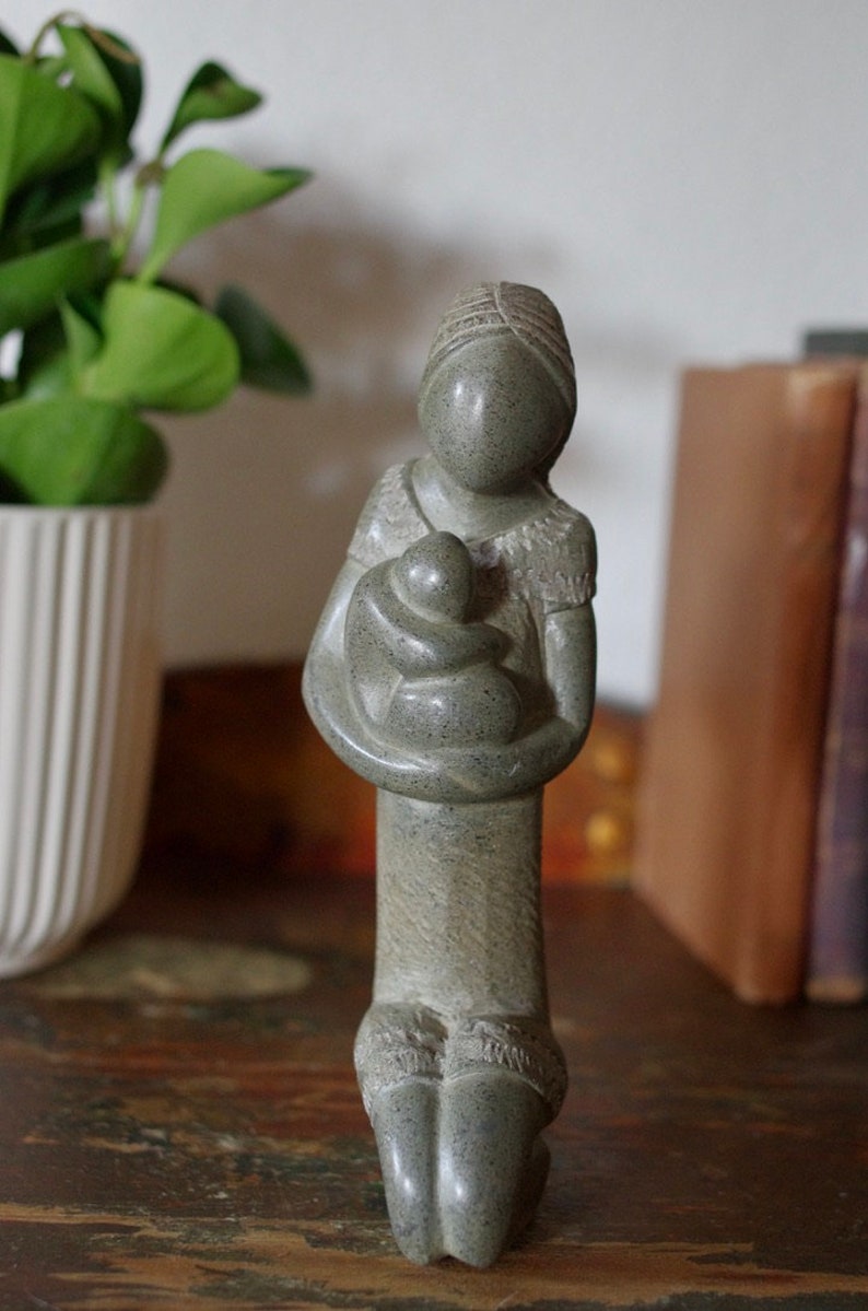 African Soapstone Carving Mother and Baby Statue, Stone Kenya Lady