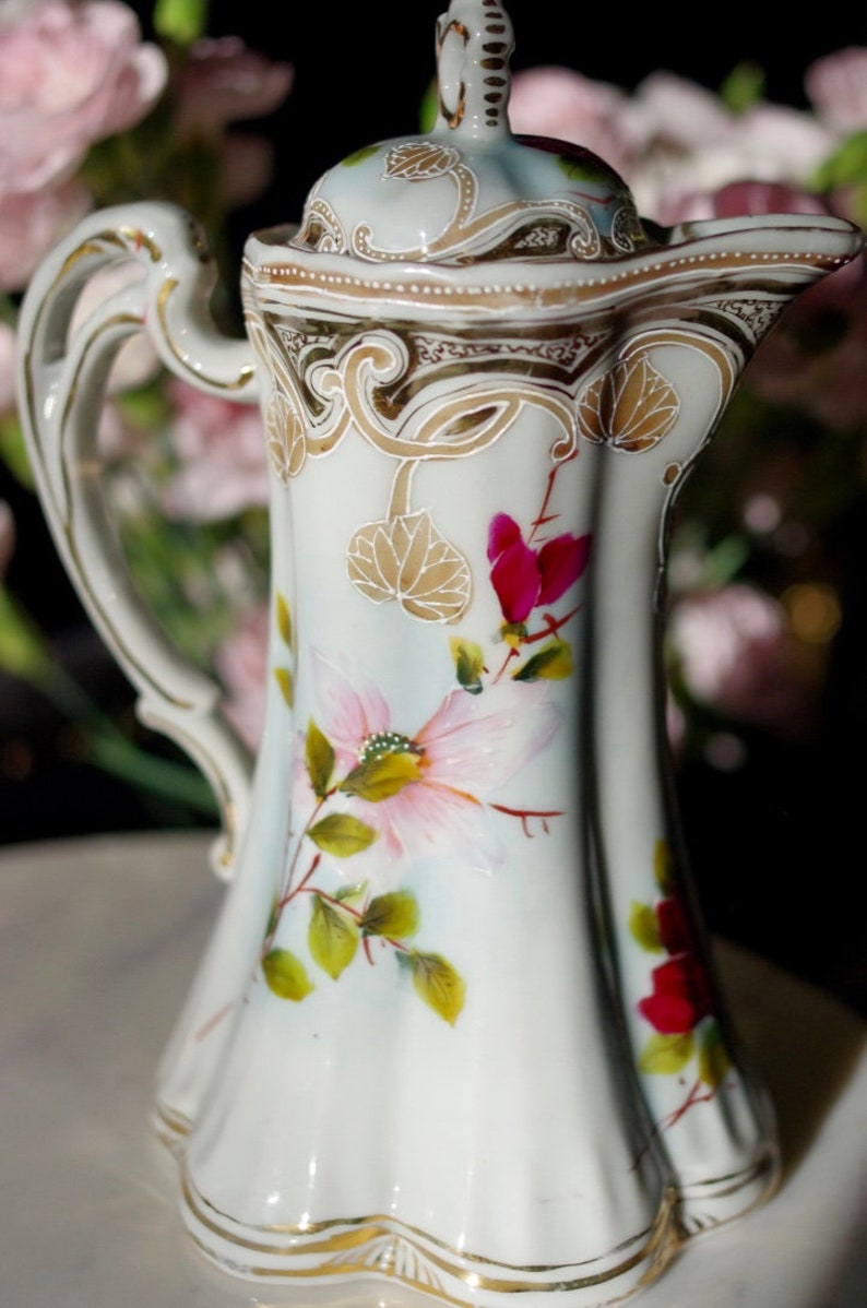Floral Painted Ewer, Pitcher or Tankard With Lid Painted Flower Porcelain Ewer image 5