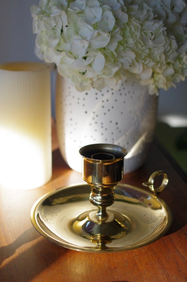 Vintage Brass Chamber Candlestick Holder With Handle, Brass