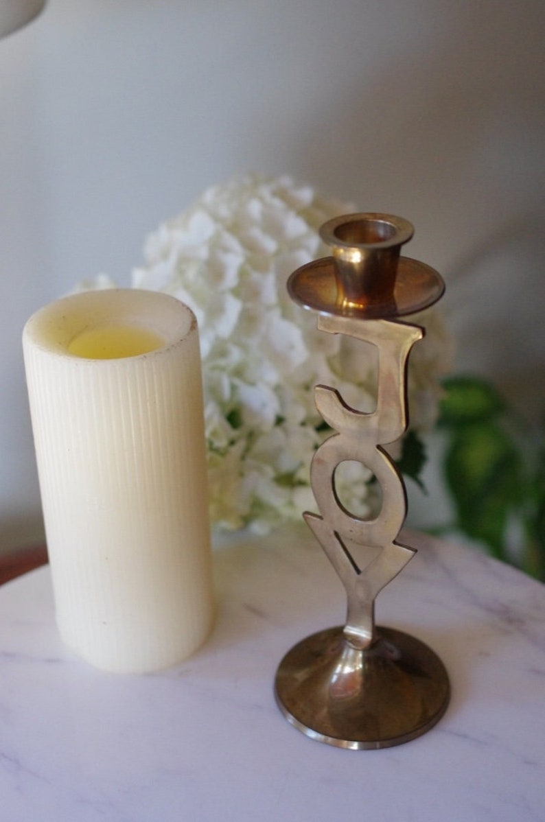 Vintage Brass Joy Candlestick Holder Joy Candle Holder by Etsy