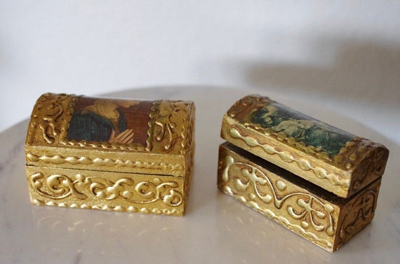 Vintage Florence Italian Franco Green Tissue Wood Box & Small Gold Jewelry  Box