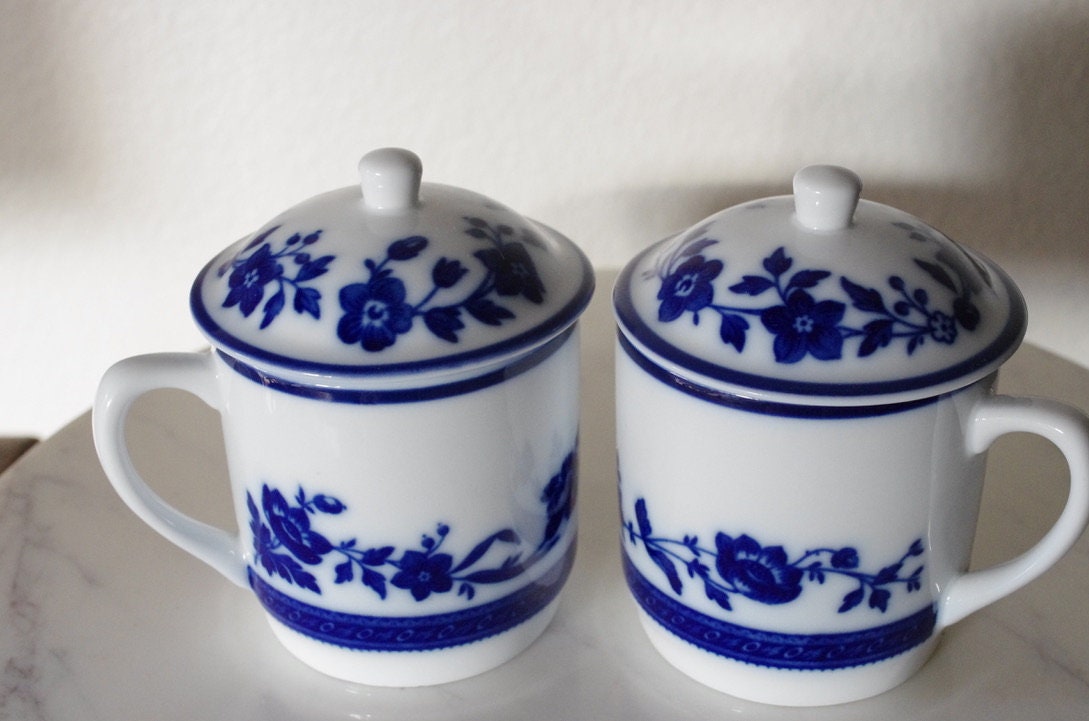 Blue and White Floral Tea Cups With Lids Pair of Blue Floral Etsy