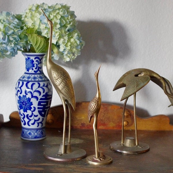 Three Vintage Brass Cranes, Trio of Vintage Brass Herons, Vintage Brass Decor, Brass Statues, Brass Figurines, Brass Storks