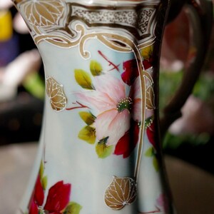 Floral Painted Ewer, Pitcher or Tankard With Lid Painted Flower Porcelain Ewer image 6