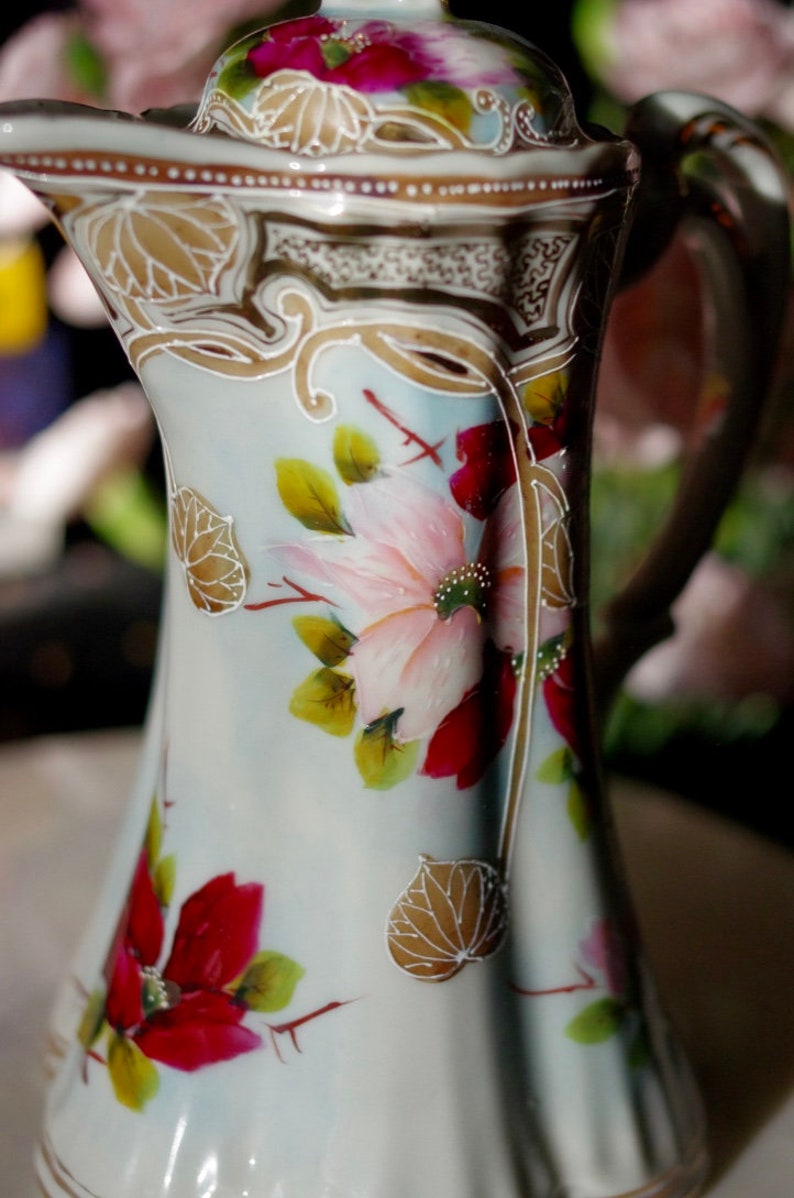 Floral Painted Ewer, Pitcher or Tankard With Lid Painted Flower Porcelain Ewer image 6