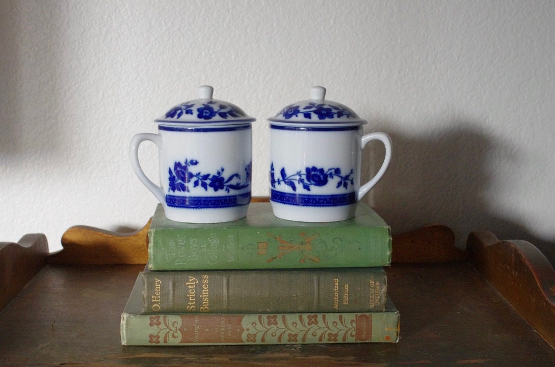 Blue and White Floral Tea Cups With Lids Pair of Blue Floral Etsy
