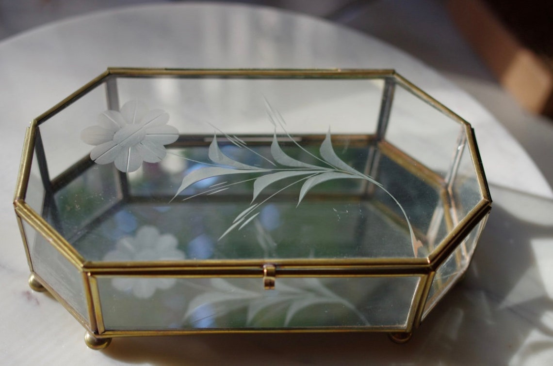 Vintage Etched Glass and Brass Jewelry Box Vintage Jewelry Etsy