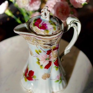 Floral Painted Ewer, Pitcher or Tankard With Lid Painted Flower Porcelain Ewer image 2