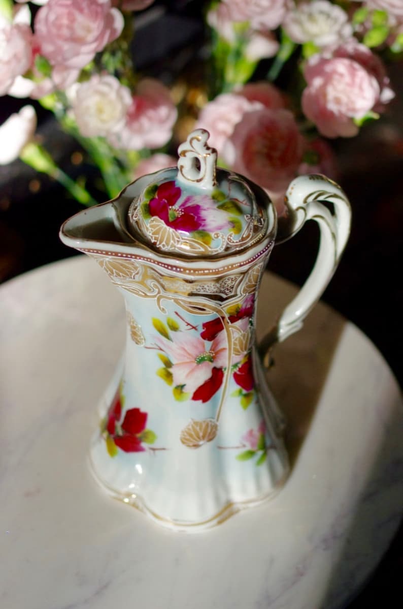 Floral Painted Ewer, Pitcher or Tankard With Lid Painted Flower Porcelain Ewer image 2